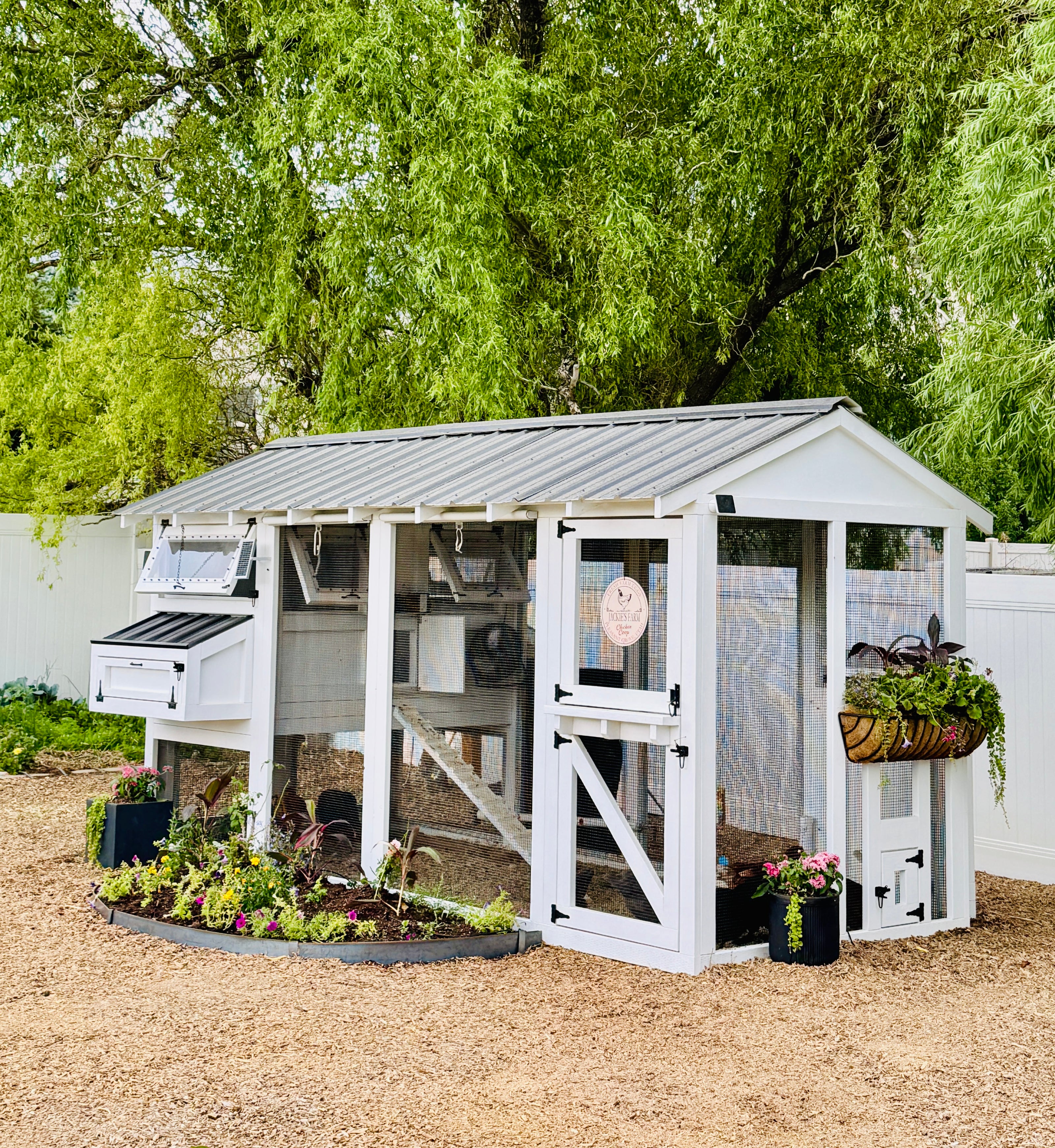 A garden-themed finish of a fully custom chicken coop that was built by Rocky Mountain Coops and delivered to a happy customer in the Intermountain West.